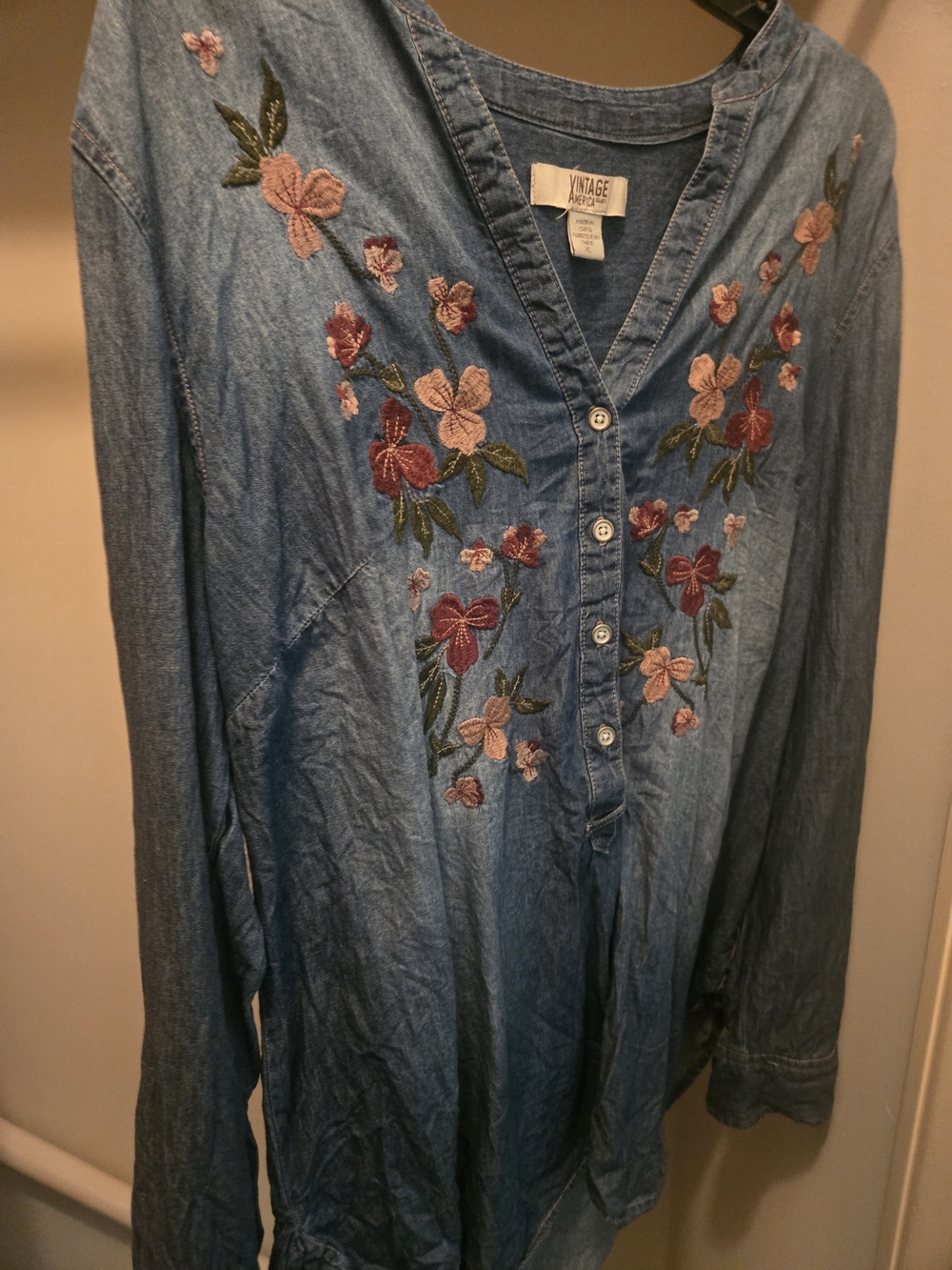 Vintage America Light Blue Denim Tunic with Pink & Burgundy Floral Embroidery